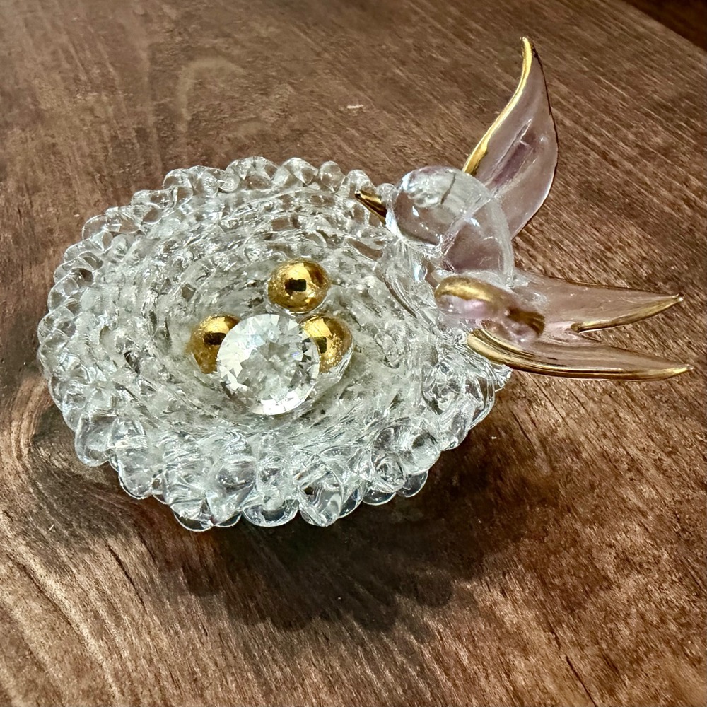 Handcrafted Spun Glass Bird on Nest Figurine Gold Pink Accent w/ a Faux Crystal